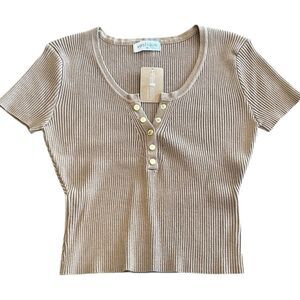 NEW Vestique Taupe Ribbed Short Sleeve Top